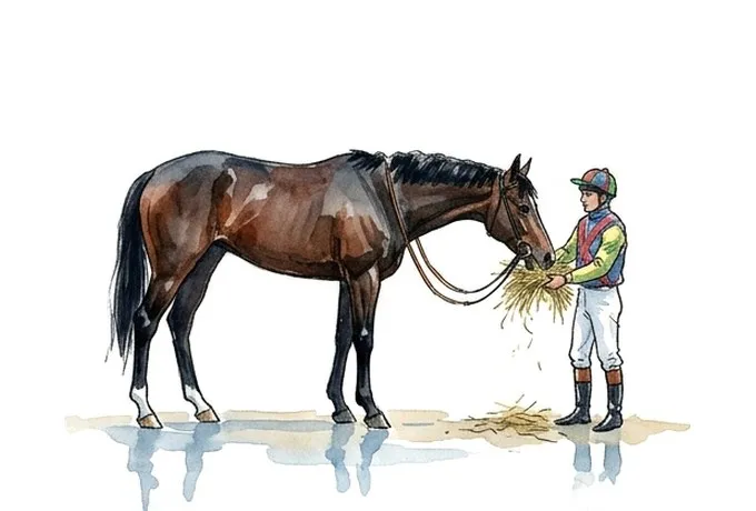 A watercolour jockey feeding hay to a racehorse