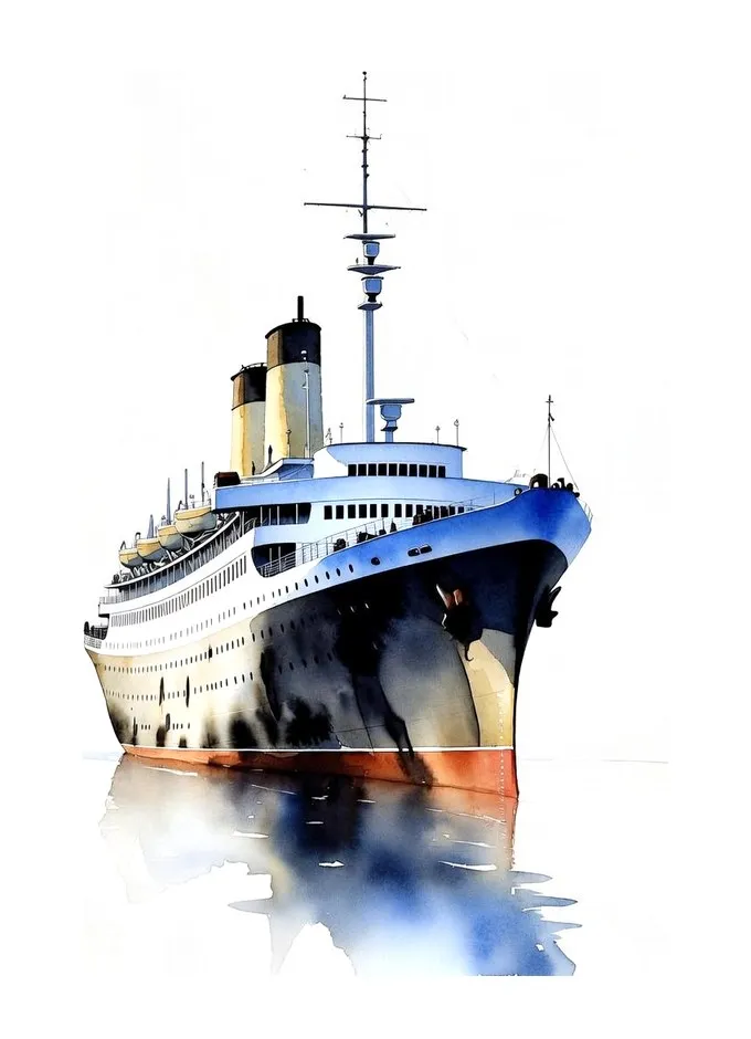 A watercolour square-rigged ship under full sail