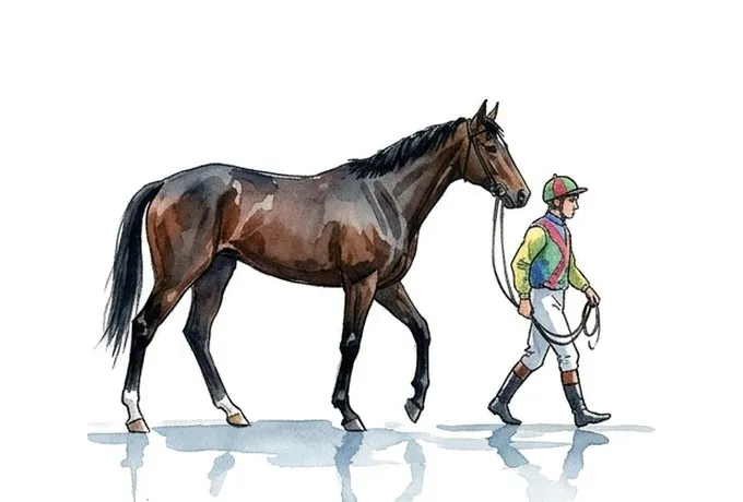 A watercolour jockey leading a racehorse by the reins