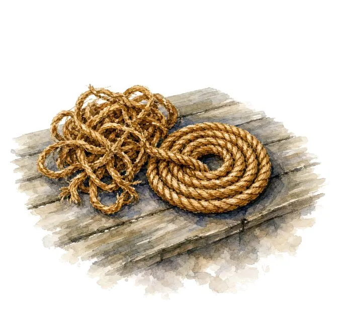 A watercolour tangle of rope beside a neat coil on a timber dock