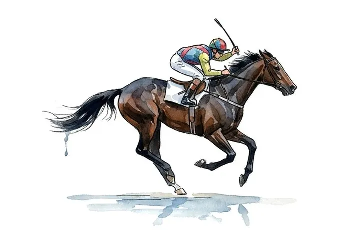 A watercolour jockey racing a horse at full gallop, whip raised
