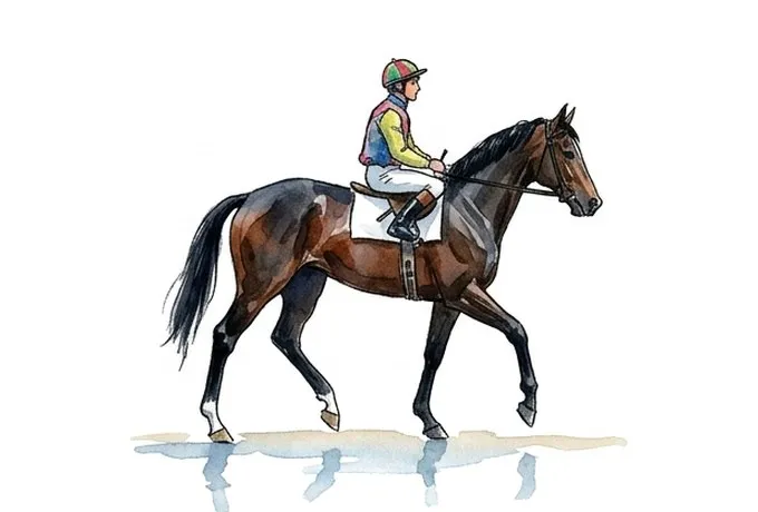 A watercolour jockey riding a racehorse at a trot