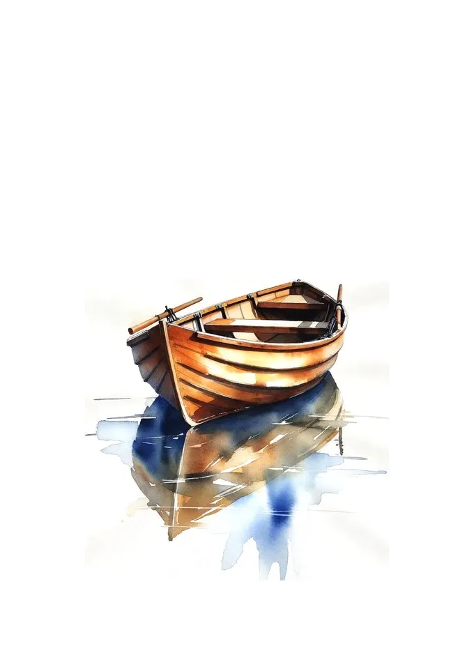 A watercolour rowing boat on still water