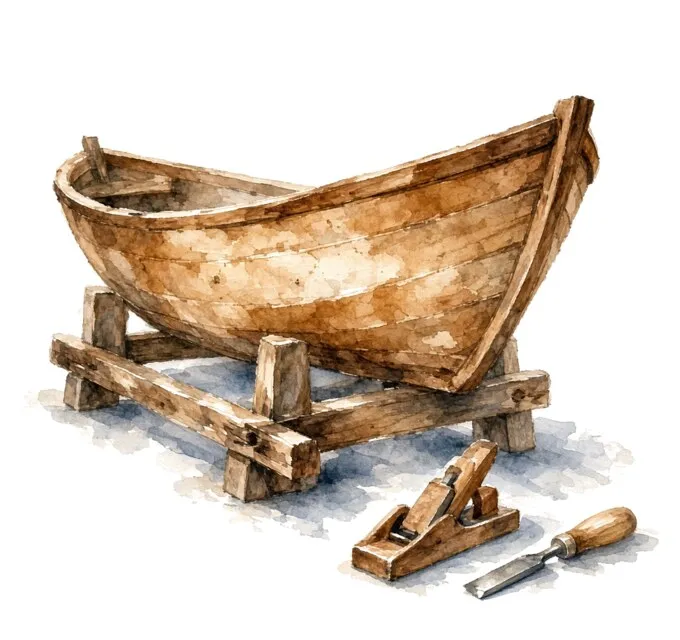 A watercolour wooden boat hull on a timber cradle, a plane and chisel beside it