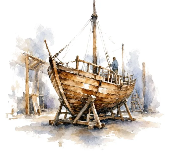 A watercolour sailing boat up in a boatyard cradle, hull and rigging both being worked on
